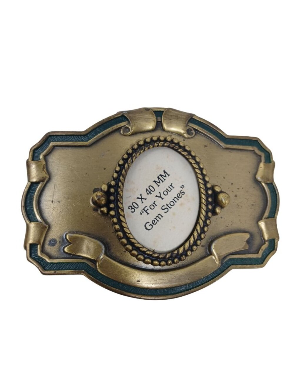 Vintage 30X40 MM Gem Stone Belt Buckle Frame -Antique Brass & Green Detail #J12 - Picture 1 of 6